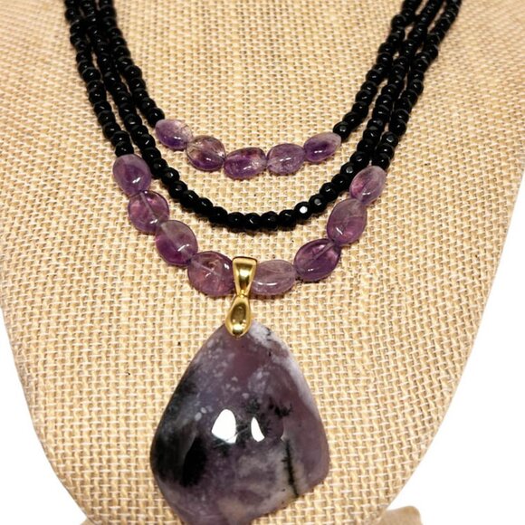 Three Strands Black Onyx, And Amethyst With Amethyst pendant - Picture 2 of 4